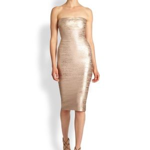 Herve Leger Midi Strapless Gold Dress